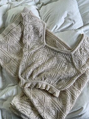 Never Worn Openwork Crochet Knit Set in Cream
